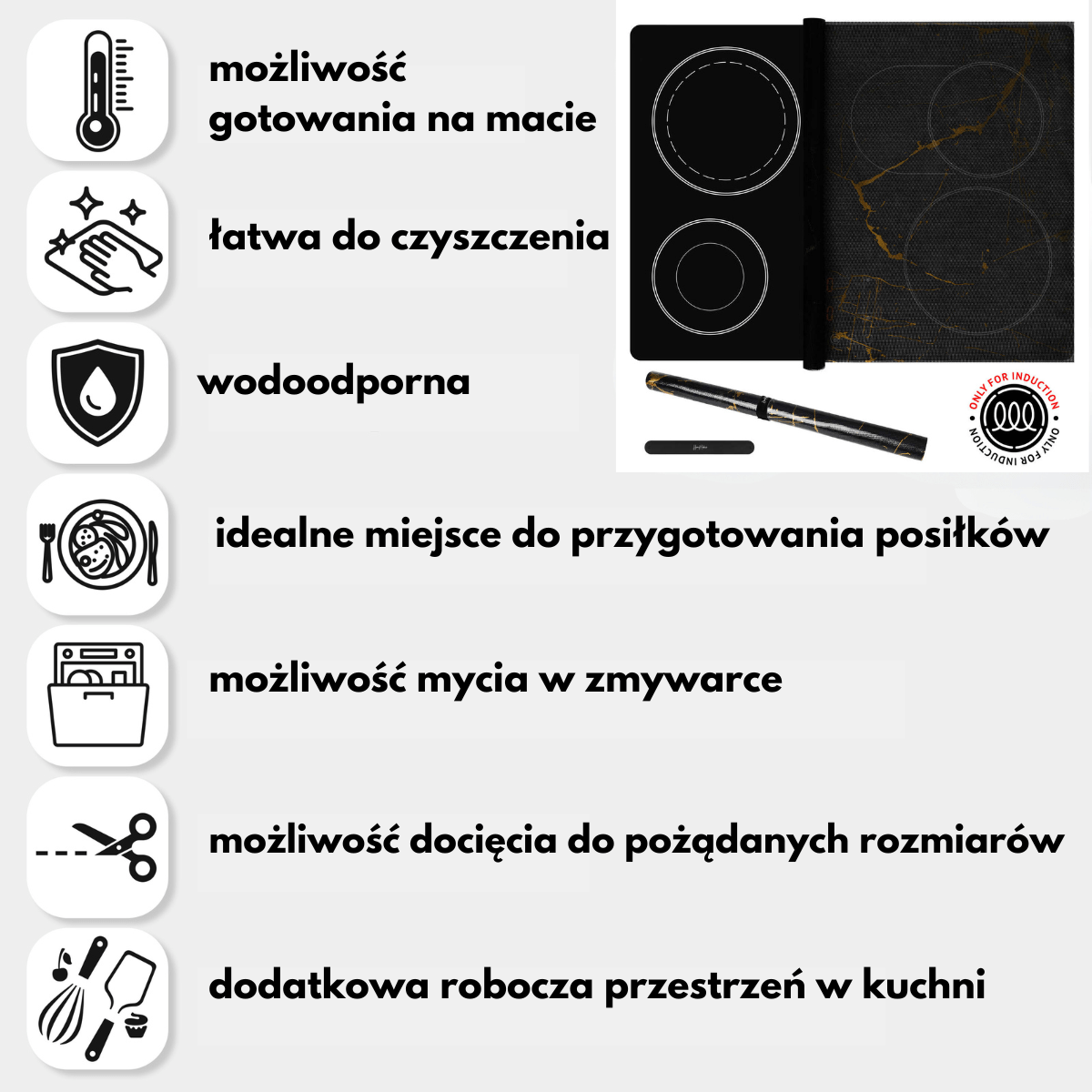 Mata Ochronna na Płytę Indukcyjną z Funkcją Gotowania-Czarna Transparentna Marmur - obrazek 11