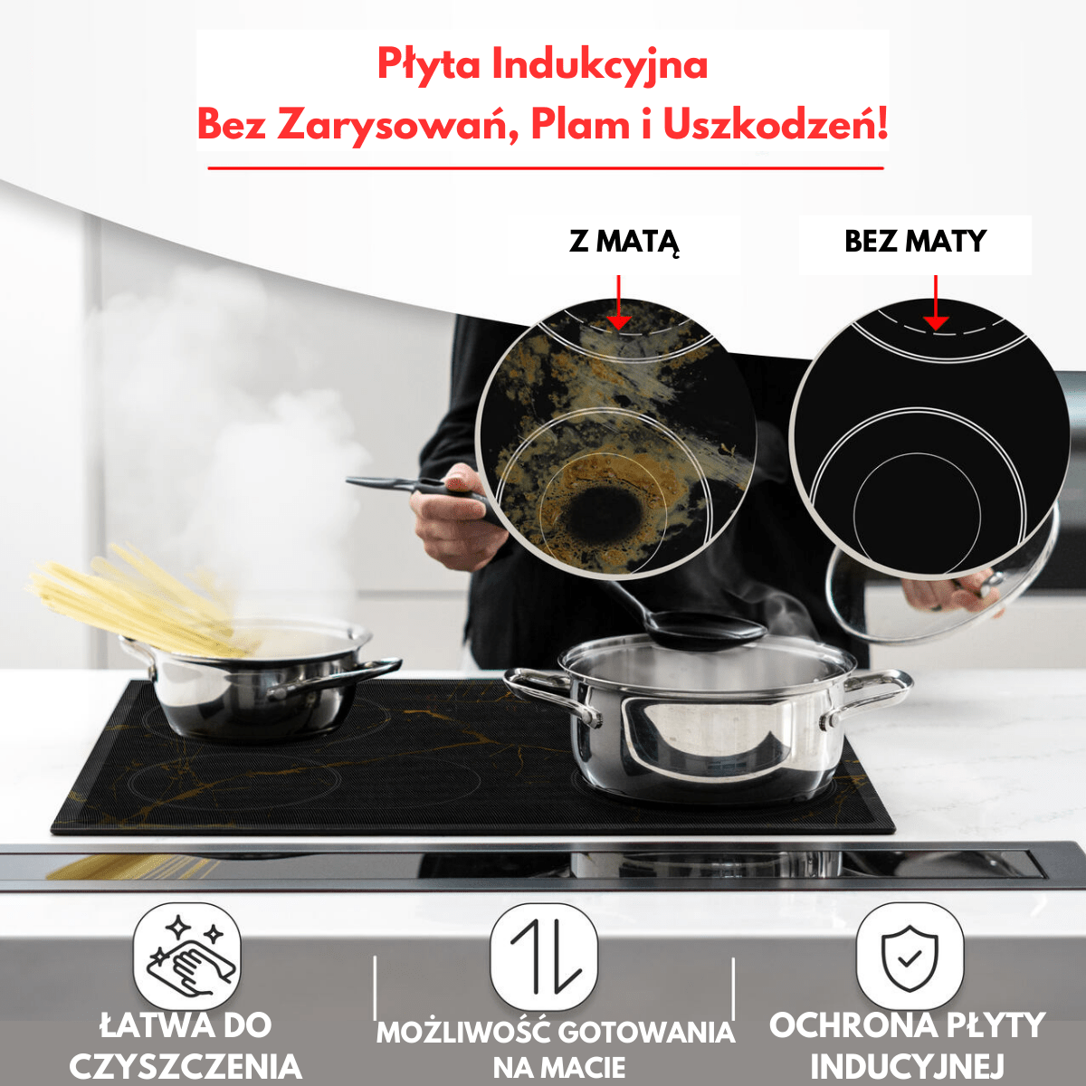 Mata Ochronna na Płytę Indukcyjną z Funkcją Gotowania-Czarna Transparentna Marmur - obrazek 6