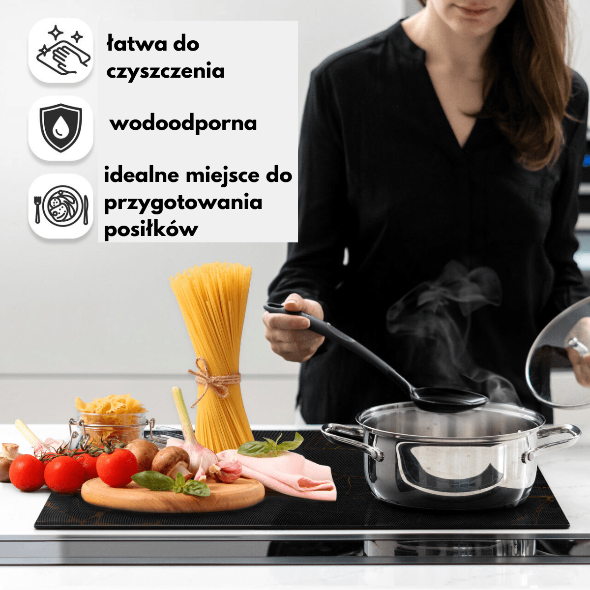 Mata Ochronna na Płytę Indukcyjną z Funkcją Gotowania-Czarna Transparentna Marmur - obrazek 3