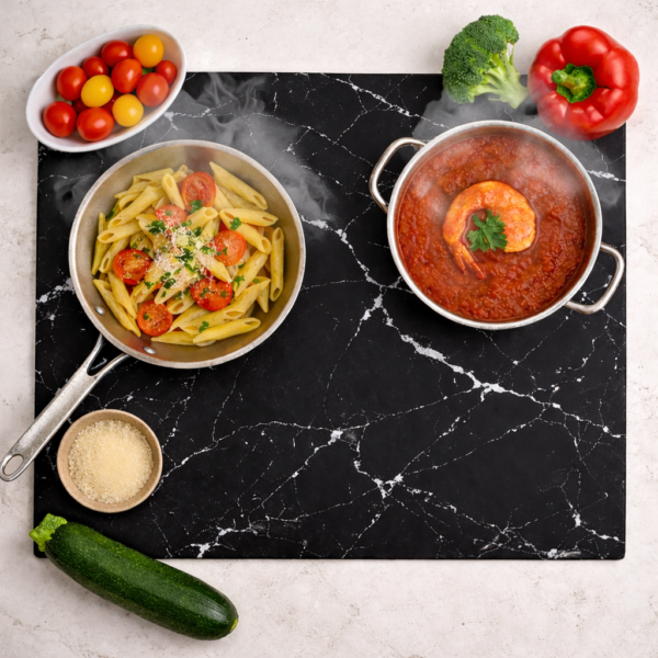 Mata Ochronna na Płytę Indukcyjną z Funkcją Gotowania - Czarna Marmur z Białym Motywem